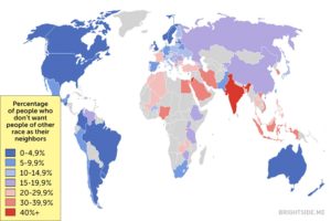 mappa che mostra la percentuale di tolleranza raziale nei paesi